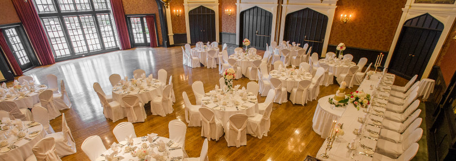 Guild Hall A at the Old Mill Hotel in Toronto set up for a wedding reception. 