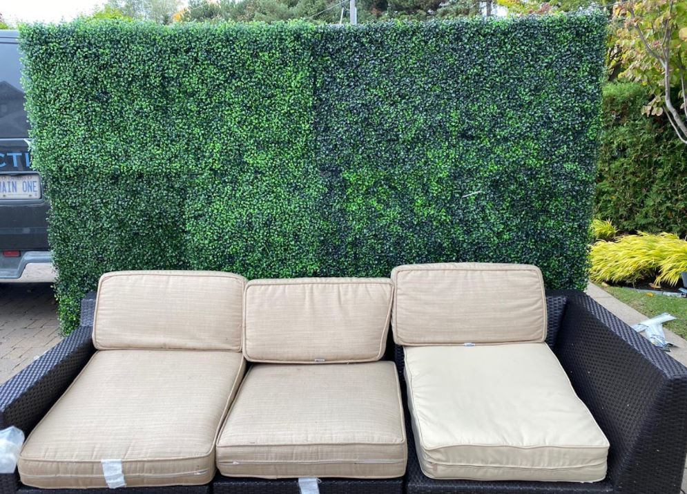 Burlington Party couch with green boxwood back drop