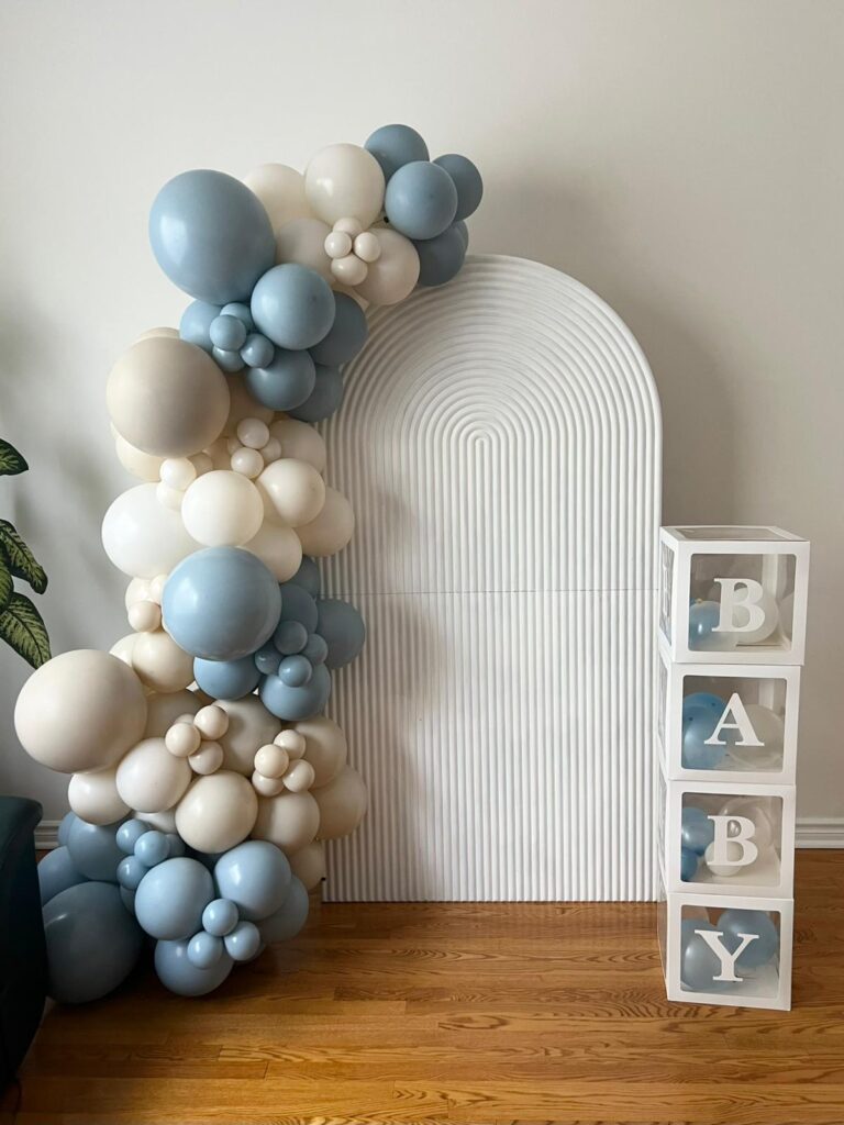 balloon decor, backdrop and baby block letters